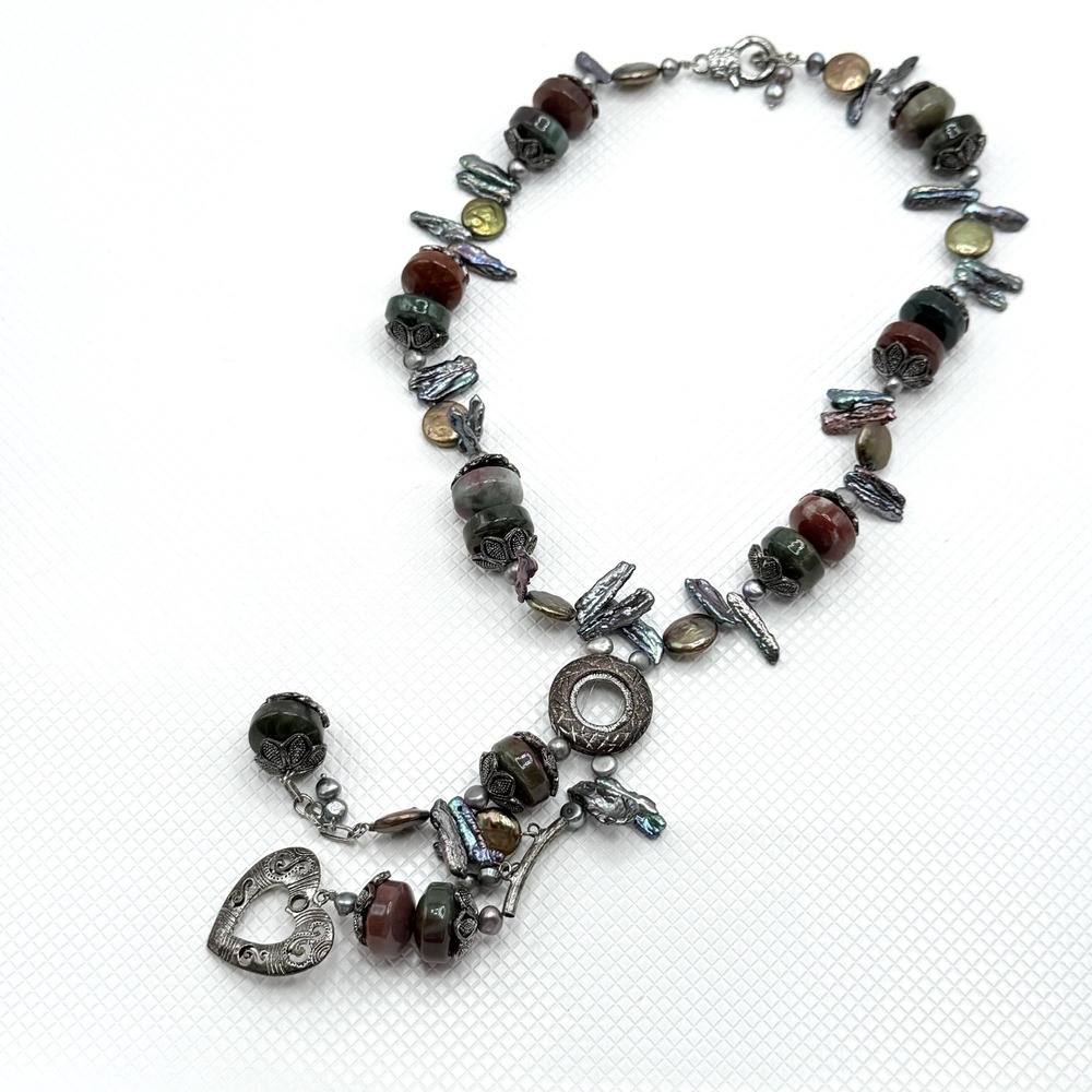 Vintage Biwa & Freshwater Pearl Lariat Necklace w/ Stone & Metal Heart Charm 18"